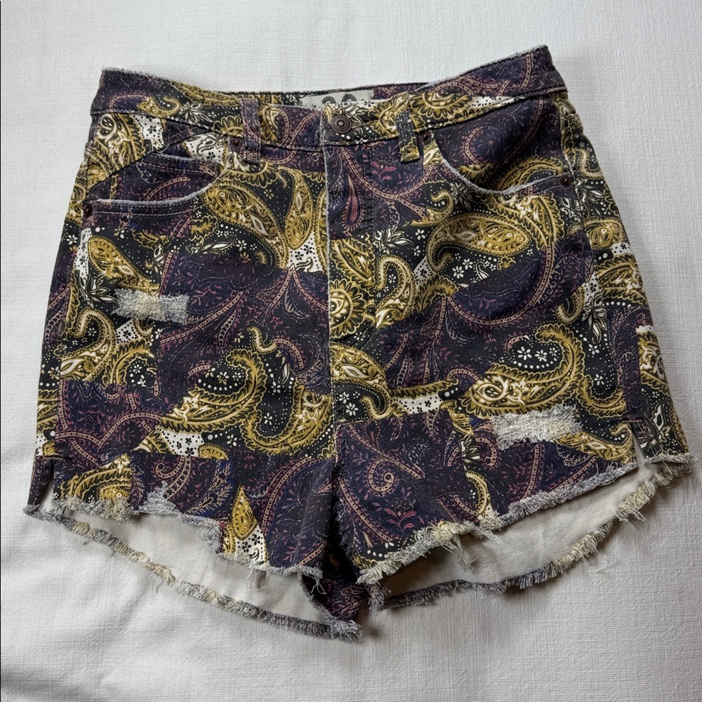 Free People Paisley Print Distressed Fringe Shorts in Navy, Mustard, Cream
